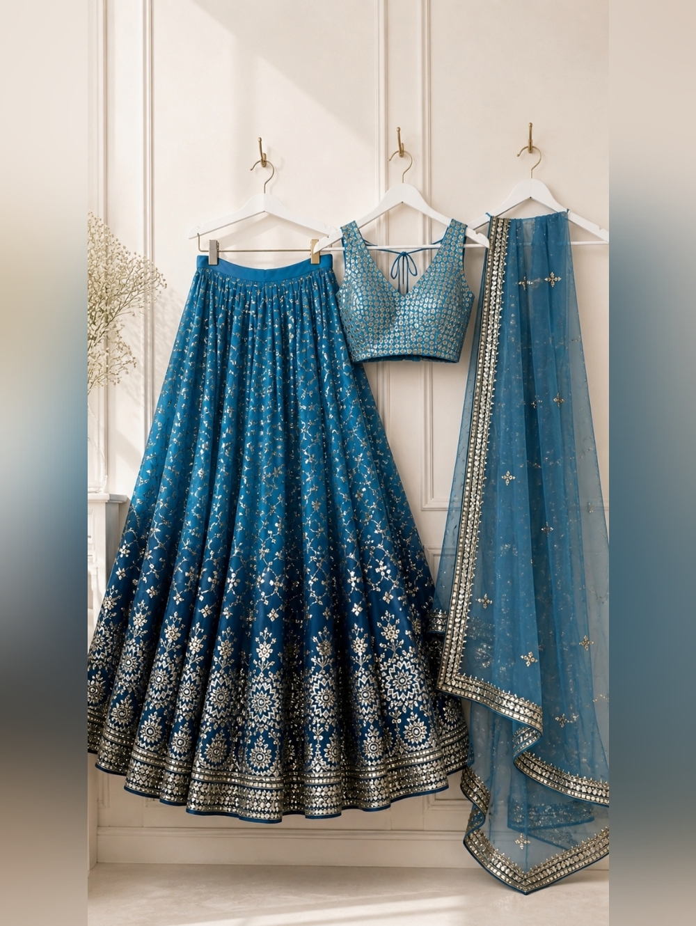 Rama Blue/ Teal Blue Embroidered Lehenga Choli Set - Size 8 - Picture 3 of 8